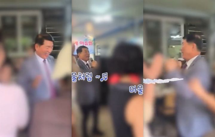 [뉴시스] 홍수 피해가 발생한 20일 강원 홍천군의 한 식당에서 열린 야유회에서 백경현 구리시장이 춤을 추고 있다. (출처=SBS뉴스) *재판매 및 DB 금지