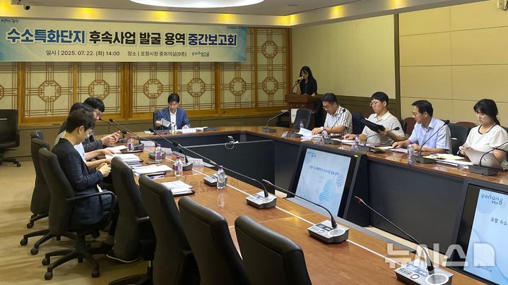 [포항=뉴시스] 22일 경북 포항시청 중회의실에서 '수소특화단지 후속 사업 발굴 용역 중간 보고회'가 열린 가운데 관련 기업 유치와 지원 방안을 모색했다. '수소특화단지 후속 사업 발굴 용역 중간보고회' 모습. (사진=포항시 제공) 2025.07.22. photo@newsis.com