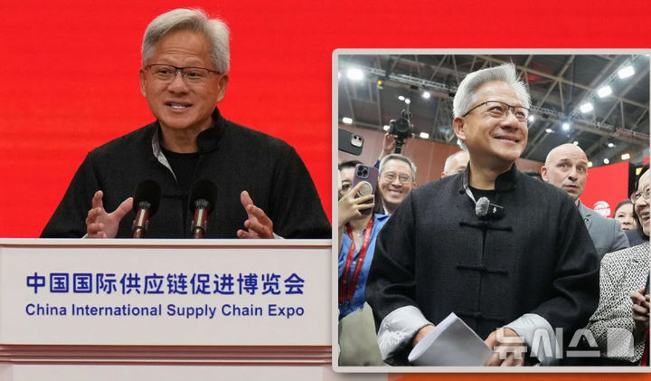 [베이징=AP/뉴시스] 지난 16일 베이징 CISCE에서 젠슨 황이 중국 전통 복장을 입고 중국어로 연설했다고 보도했다. 2025.0716.