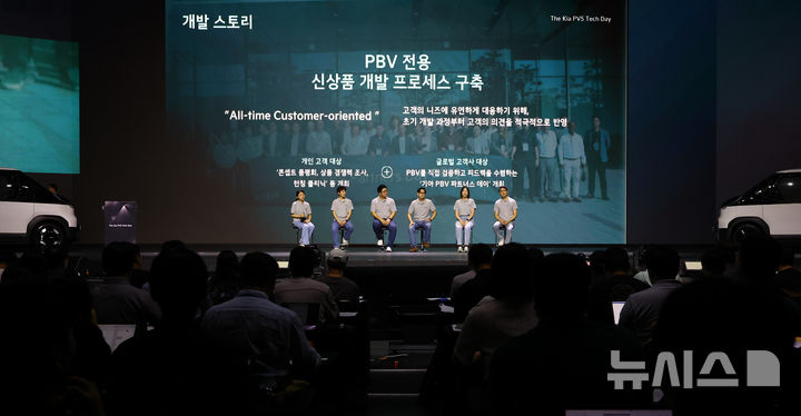 [광명=뉴시스] 황준선 기자 = 지난 22일 경기 광명시 아이벡스 스튜디오에서 열린 '더 기아 PV5 테크 데이'에서 기아 연구개발진들이 PV5를 소개하고 있다.기아 최초의 전동화 전용 목적기반차량(PBV, Purpose-Built Vehicle)인 PV5는 부품이 모듈화된 플렉시블 바디 시스템(Flexible Body System)을 적용해 고객의 요구에 따라 패밀리카, 캠핑카, 업무용 차량 등 최대 16종의 조합이 가능한 것이 특징이다. 2025.07.23. hwang@newsis.com