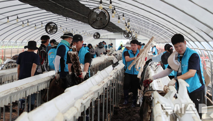 한국농어촌공사 임직원들이 22일 전남 나주시 노안면 수해 현장을 찾아 복구 작업으로 구슬땀을 흘렸다. (사진=농어촌공사 제공) photo@newsis.com