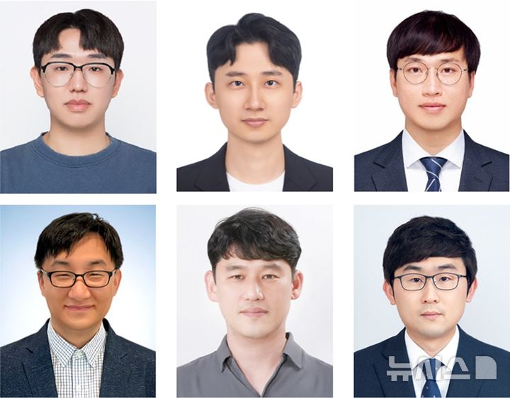 [창원=뉴시스]해수 수전해용 고성능 촉매를 개발한 한국재료연구원 등 국내 연구진. 위 사진 왼쪽부터 제1저자 한국재료연구원 이경복 석·박사 통합과정 학생연구원, 울산과학기술원 이영대 박사, 한국재료연구원 윤기용 박사. 아래 사진 왼쪽부터 교신저자 울산과학기술원 이호식, 송현곤 교수, 한국재료연구원 양주찬 책임연구원.(사진=한국재료연구원 제공) 2025.07.23. photo@newsis.com