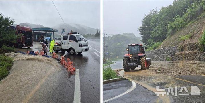 [산청=뉴시스]지난 16~19일 경남 산청지역 집중호우 당시 민관 피해 예방 활약상. 산청군 생초면 한 주유소의 기름탱크 빗물 유입 차단 모습(왼쪽)과 사회단체서 사유 트랙터로 산청군 삼장면 도로복구 지원 모습. (사진=경남도 제공) 2025.07.23. photo@newsis.com