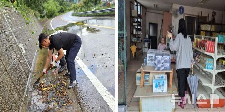 [산청=뉴시스]지난 16~19일 경남 산청지역 집중호우 당시 민관 피해 예방 활약상. 산청군 생초면 공무원과 주민의 도로변 배수구 정리 작업(왼쪽)과 생초면 공무원의 수퍼 주민에 사전 대피 안내. (사진=경남도 제공) 2025.07.23. photo@newsis.com