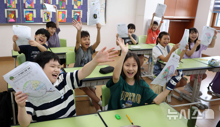 [서울=뉴시스] 김선웅 기자 = 23일 서울 동작구 서울삼일초등학교에서 4학년3반 학생들이 여름방학식을 갖고 방학 계획표를 들어 보이고 있다. 2025.07.23. mangusta@newsis.com