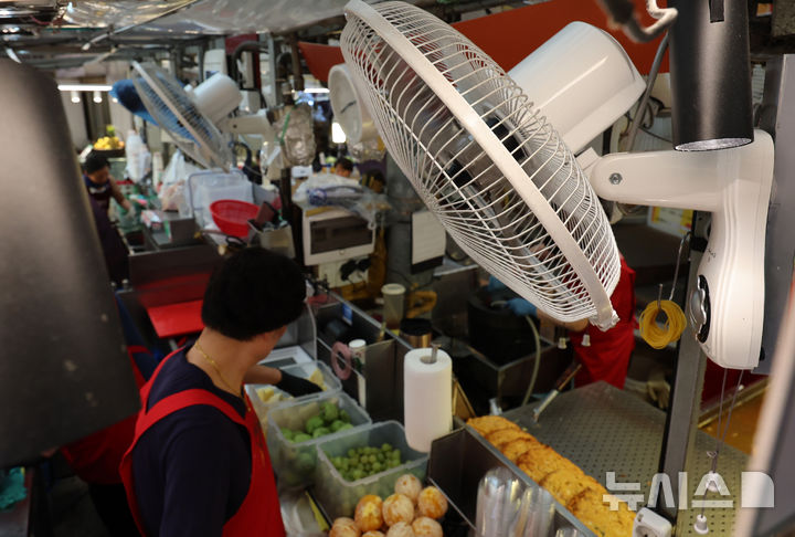[서울=뉴시스] 이영환 기자 = 찜통 더위가 이어지고 있는 23일 오후 서울 종로구 광장시장에서 상인들이 선풍기로 더위를 날리며 장사를 하고 있다. 2025.07.23. 20hwan@newsis.com