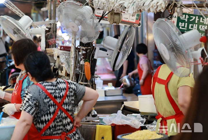[서울=뉴시스] 이영환 기자 = 찜통 더위가 이어지고 있는 23일 오후 서울 종로구 광장시장에서 상인들이 선풍기로 더위를 날리며 장사를 하고 있다. 2025.07.23. 20hwan@newsis.com