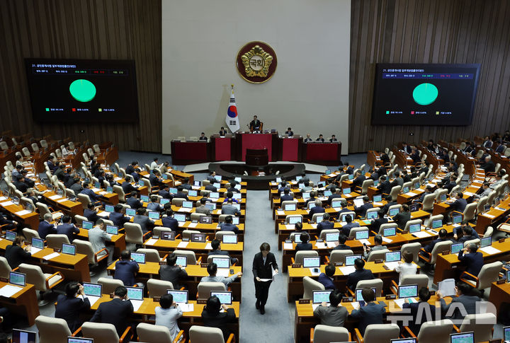 [서울=뉴시스] 고승민 기자 = 23일 서울 여의도 국회에서 열린 제427회 국회(임시회) 제2차 본회의에서 공인중개사법 일부개정안이 가결되고 있다. 2025.07.23. kkssmm99@newsis.com