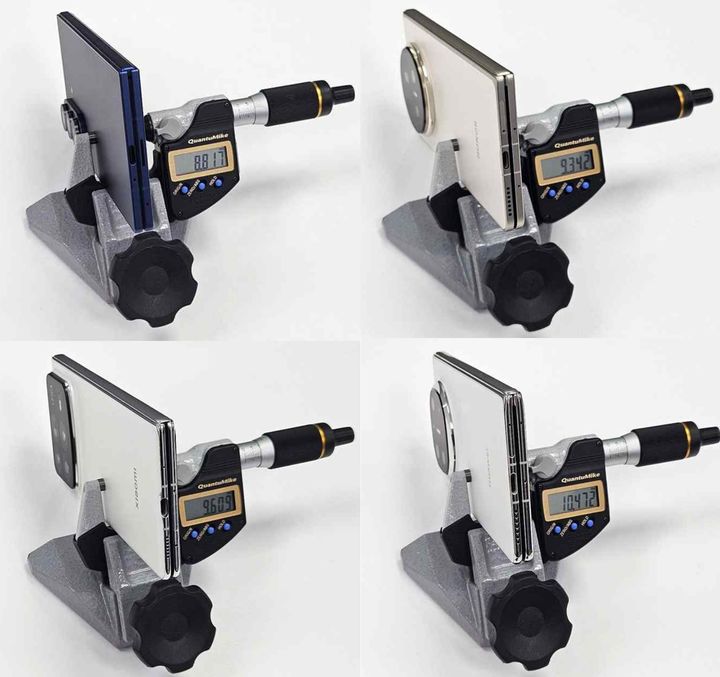 한국소비자중심기업협회(KCEA)는 24일 갤럭시 Z 폴드7과 중국산 폴더블폰의 두께 실측값을 비교한 결과 대부분 중국 폴더블폰이 공식 스펙보다 더 두꺼웠다고 밝혔다. 사진은 폴드7, 아너 매직 V5, 화웨이 메이트 X6, 샤오미 믹스 폴드4(사진 왼쪽 위부터 시계방향) 두께를 외측 마이크로미터로 실제 측정한 결과. (사진=KCEA 제공) *재판매 및 DB 금지