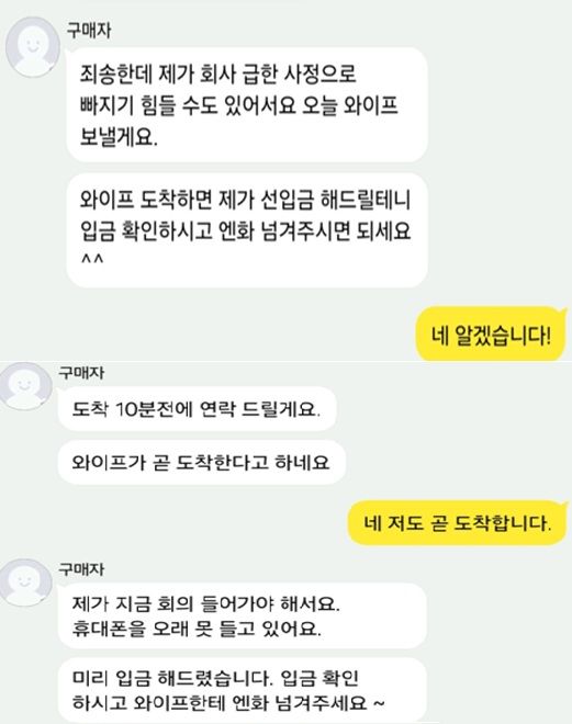보이스피싱 자금세탁책과 외화 판매자 간의 대화 예시. 가족을 사칭한 현금수거책과의 거래를 유도하고, 원화를 선입금해 의심을 최소화한다. (자료=금융감독원 제공) photo@newsis.com *재판매 및 DB 금지