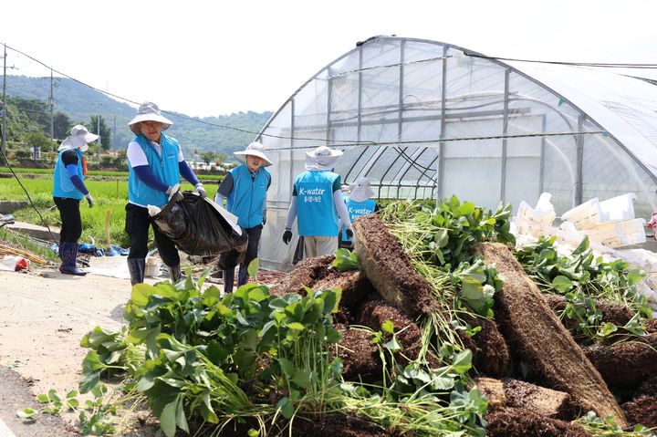 [대전=뉴시스]수자원공사 직원들이 24일 충남 서산에서 폭우피해를 입은 비닐하우스를 정리하고 있다. 2025. 07. 24 photo@newsis.com *재판매 및 DB 금지