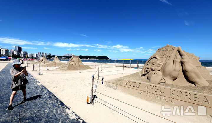 [포항=뉴시스] 이무열 기자 = 제9회 영일대 샌드페스티벌 개막을 이틀 앞둔 24일 경북 포항시 북구 영일대해수욕장을 찾은 관광객이 다양한 모래조각 작품을 관람하고 있다. 2025.07.24. lmy@newsis.com