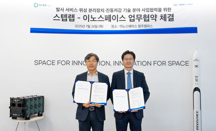 [서울=뉴시스] 김수종 이노스페이스 대표(오른쪽)와 오현웅 스텝랩 대표가 ‘한빛(HANBIT)’ 발사체의 고정밀·다중 위성 발사 역량 강화 및 고객 중심의 고품질 발사 서비스 실현을 위한 업무협약(MOU)을 체결했다. (사진=이노스페이스 제공) *재판매 및 DB 금지