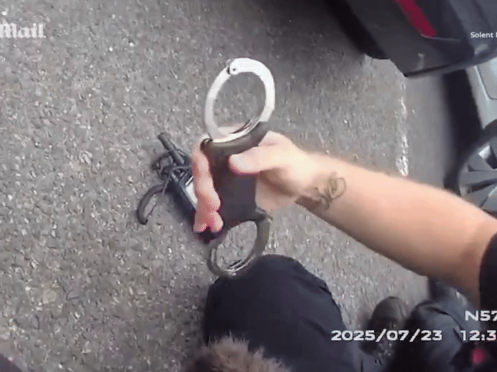 [뉴시스] 스튜어트가 경찰관과 함께 용의자를 체포하고 있다.(영상=데일리메일) *재판매 및 DB 금지