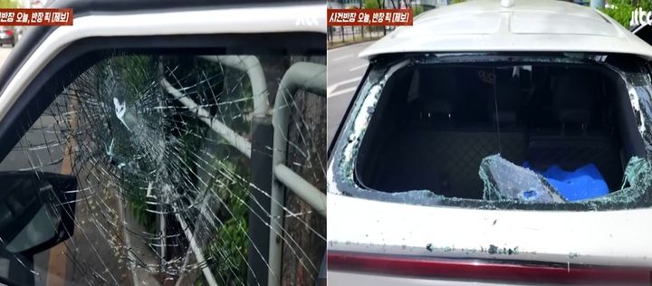 [서울=뉴시스] 산산조각난 택시의 유리창 (사진=JTBC 사건반장 갈무리) 2025.07.25 *재판매 및 DB 금지