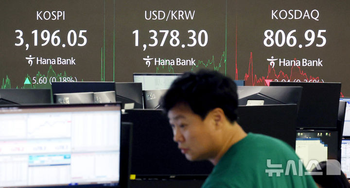 [서울=뉴시스] 김진아 기자 = 25일 서울 중구 하나은행 딜링룸에서 딜러들이 업무를 보고 있다.&nbsp; 25일 코스피는 전 거래일(3190.45)보다 5.60포인트(0.18%) 오른 3196.05에, 코스닥 지수는 전 거래일(809.89)보다 2.94포인트(0.36%) 하락한 806.95에 거래를 마쳤다.2025.07.25.bluesoda@newsis.com