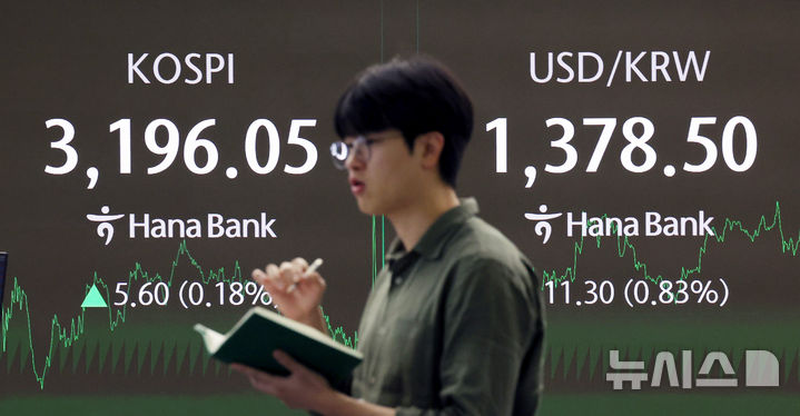 [서울=뉴시스] 김진아 기자 = 25일 서울 중구 하나은행 딜링룸에서 딜러들이 업무를 보고 있다. 25일 코스피는 전 거래일(3190.45)보다 5.60포인트(0.18%) 오른 3196.05에, 코스닥 지수는 전 거래일(809.89)보다 2.94포인트(0.36%) 하락한 806.95에 거래를 마쳤다.2025.07.25.bluesoda@newsis.com