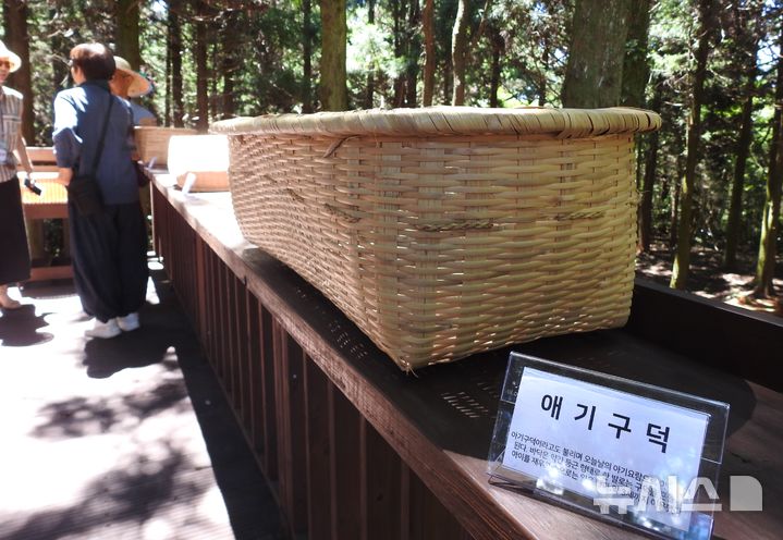 [제주=뉴시스] 오영재 기자 = 26일 오전 제주 서귀포시 치유의숲에서 열린 '제5회 웰니스 숲 힐링 여름 축제'에서 무형유산 오영희(83) 구덕장의 특별 전시·시연회가 열리고 있다. 사진은 오 구덕장이 제작한 애기구덕. 2025.07.27. oyj4343@newsis.com