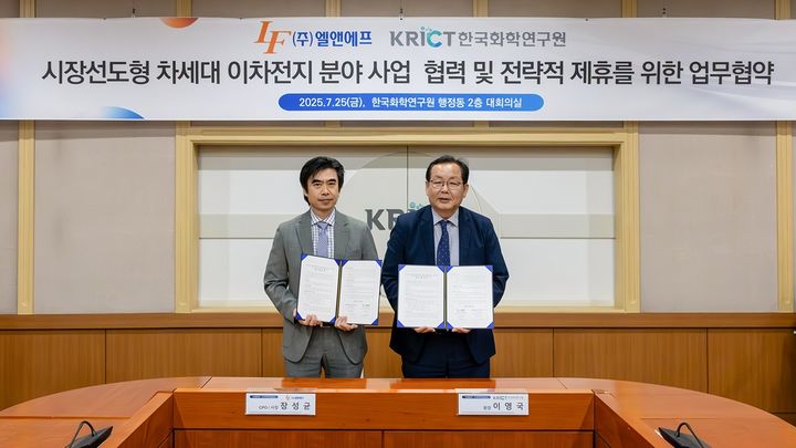 (좌)엘앤에프 장성균 사장(CPO)과 화학연 이영국 원장이 기념촬영을 하고 있다. (사진=엘앤에프 제공) *재판매 및 DB 금지