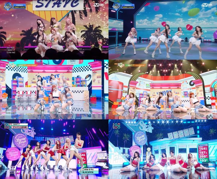 [서울=뉴시스] 그룹 스테이씨. (사진 = Mnet '엠카운트다운', KBS2 '뮤직뱅크', MBC '쇼! 음악중심' 캡처, 하이업엔터테인먼트 제공) 2025.07.28. photo@newsis.com *재판매 및 DB 금지