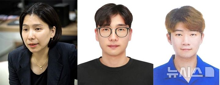 [포항=뉴시스] 송종욱 기자 = 포스텍 화학과 박문정 교수 연구팀이 전복 껍데기에서 영감을 받아 고무처럼 유연하면서 강철처럼 단단하며, 전기까지 잘 저장하는 소재를 개발했다. 사진 왼쪽부터 박 교수, 민재민_박사, 통합과정_이호준 씨. (사진=포스텍 제공) 2025.07.28. photo@newsis.com