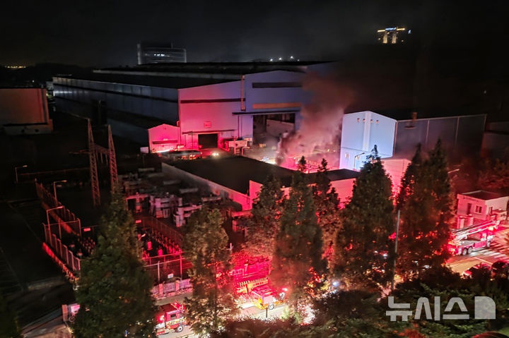 [영암=뉴시스] 지난 28일 오후 11시22분께 전남 영암군 대불일반산업단지 HD현대삼호 내 1호사 변전소에서 불이 나 소방 당국이 진화 작업을 벌이고 있다. 이 불로 인명피해는 없는 것으로 파악됐지만 전력 공급이 끊겨 당분간 조업 차질도 예상된다. (사진=독자 제공) 2025.07.29. photo@newsis.com