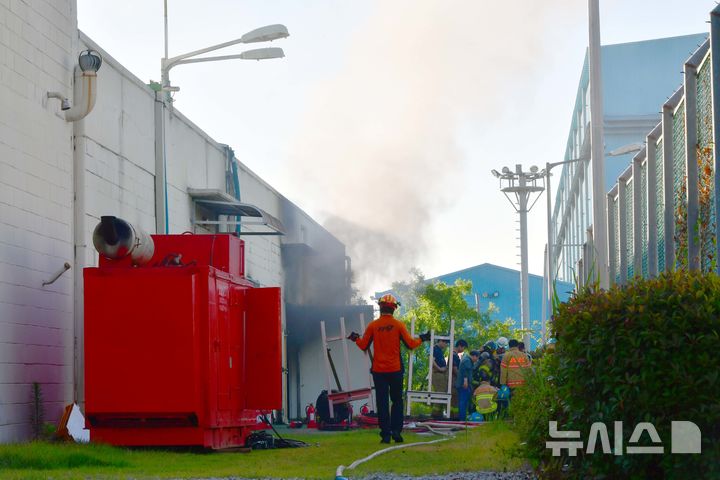 [영암=뉴시스] 이현행 기자 = 29일 오전 전남 영암군 대불일반산업단지 HD현대삼호 내 1호사 변전소에서 불이 나 소방당국이 진화 작업을 벌이고 있다. 불은 전날 오후 11시22분께 발생했다. 이 불로 인명피해는 없는 것으로 파악됐지만 전력 공급이 끊겨 당분간 조업 차질이 예상된다. 2025.07.29. lhh@newsis.com 