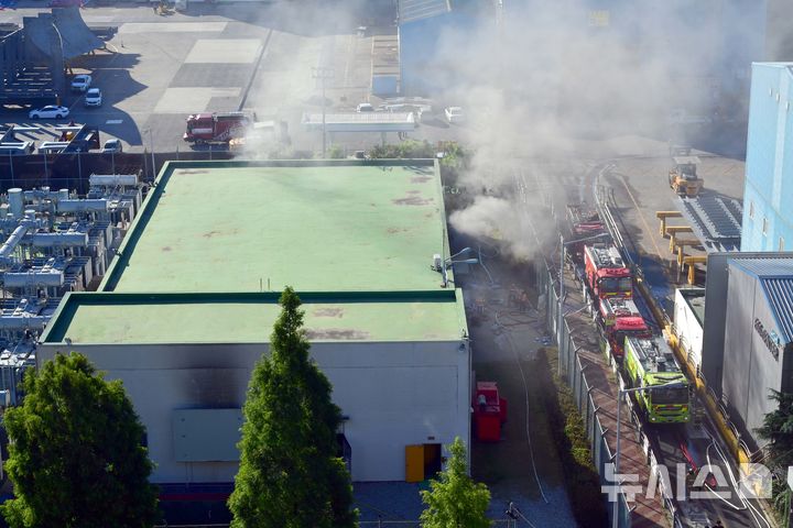 [영암=뉴시스] 이현행 기자 = 29일 오전 전남 영암군 대불국가산업단지 HD현대삼호 내 1호사 변전소에서 불이 나 소방 당국이 진화 작업을 벌이고 있다. 불은 전날 오후 11시22분께 발생했다. 이 불로 인명피해는 없는 것으로 파악됐지만 전력 공급이 끊겨 당분간 조업 차질이 예상된다. 2025.07.29. lhh@newsis.com 