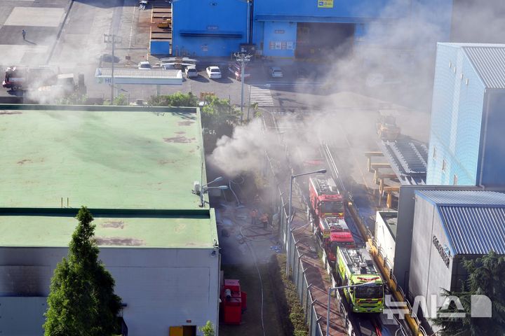 [영암=뉴시스] 이현행 기자 = 29일 오전 전남 영암군 대불국가산업단지 HD현대삼호 내 1호사 변전소에서 불이 나 소방 당국이 진화 작업을 벌이고 있다. 불은 전날 오후 11시22분께 발생했다. 이 불로 인명피해는 없는 것으로 파악됐지만 전력 공급이 끊겨 당분간 조업 차질이 예상된다. 2025.07.29. lhh@newsis.com