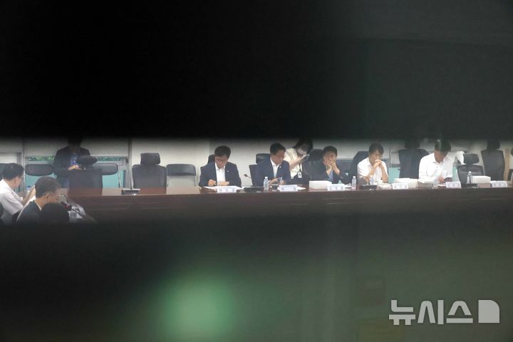 [서울=뉴시스] 조성봉 기자 = 이형일(왼쪽 두번째)기획재정부 1차관과 허영(오른쪽 네번째) 더불어민주당 정책수석 등이 지난 7월29일 오전 서울 여의도 국회에서 열린 당정협의에서 배당소득 분리과세 등 세제개편 논의를 하고 있다. 2025.07.29. suncho21@newsis.com