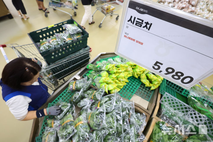 [서울=뉴시스] 황준선 기자 = 폭우에 이은 폭염 영향으로 농산물 가격이 상승하고 있는 29일 서울 시내 한 대형마트에서 시금치가 한 단에 5980원에 판매되고 있다.한국농수산식품유통공사에 따르면 전날 기준 배추 한 포기 가격은 5439원으로 전달(3621원) 대비 50.21% 올랐고, 시금치는 100ｇ당 2309원으로 전월(898원)보다 157.13% 급등했다. 2025.07.29. hwang@newsis.com