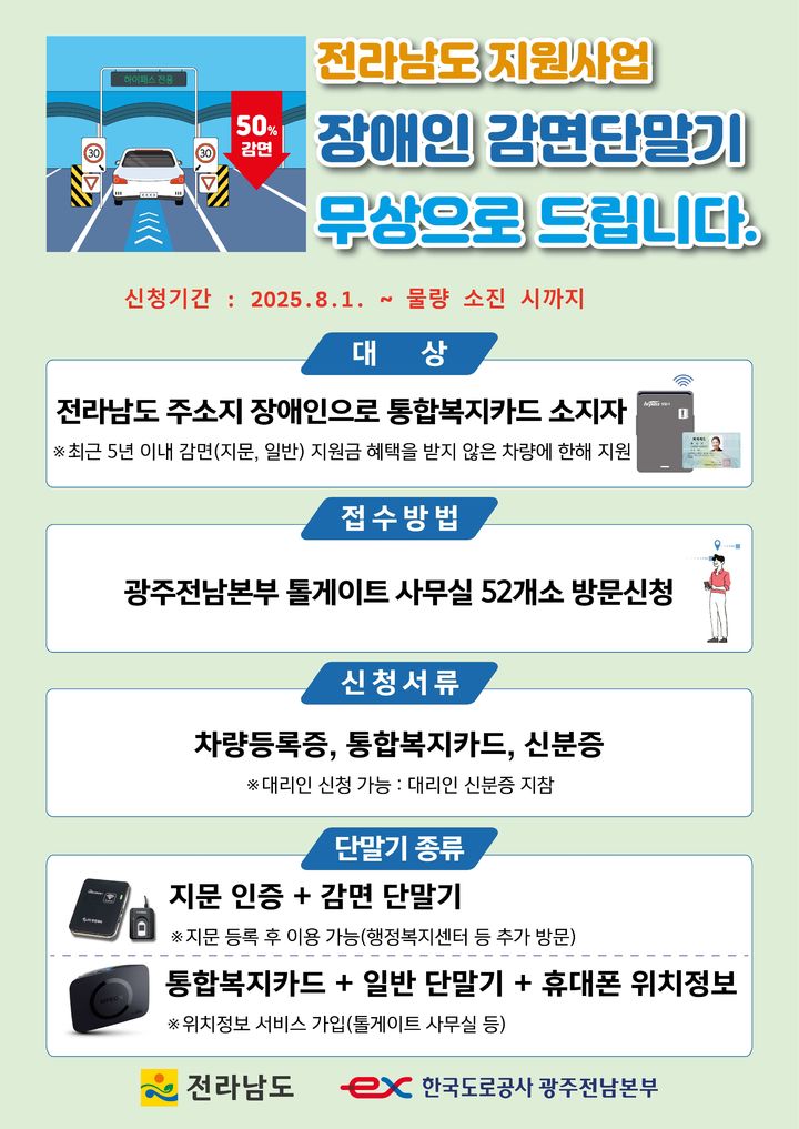 [무안=뉴시스] 전남도는 장애인의 안전하고 편안한 고속도로 이용을 위해 한국도로공사 광주전남본부와 함께 장애인용 하이패스 단말기 1400대를 무상 지원한다고 30일 밝혔다. (사진=전남도 제공) 2025.07.30. photo@newsis.com *재판매 및 DB 금지