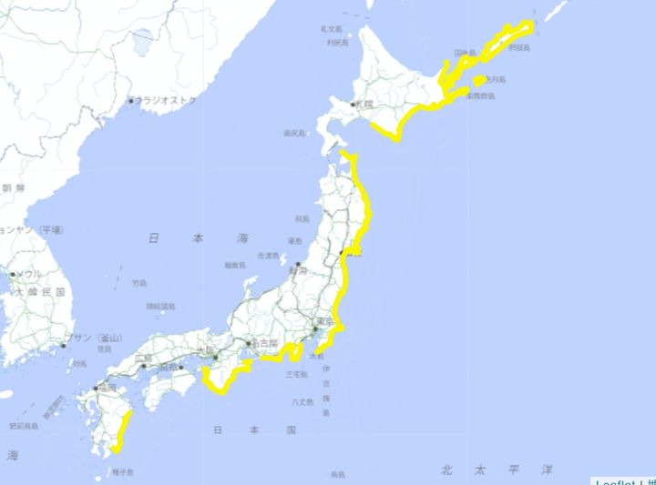 [서울=뉴시스]러시아 캄차카반도 동쪽 바다를 진원으로 하는 규모 8.0 지진이 30일 오전 8시 25분께 발생하면서 일본 열도 태평양 측 지역들에 지진해일(津波·쓰나미)주의보가 발령됐다. 사진은 일본 기상청이 발표한 것으로, 노란색으로 표시된 지역이 주의보가 발령된 곳이다. 사진은 일본 기상청 갈무리. <사진캡처=일본 기상청> *DB 및 재판매 금지.