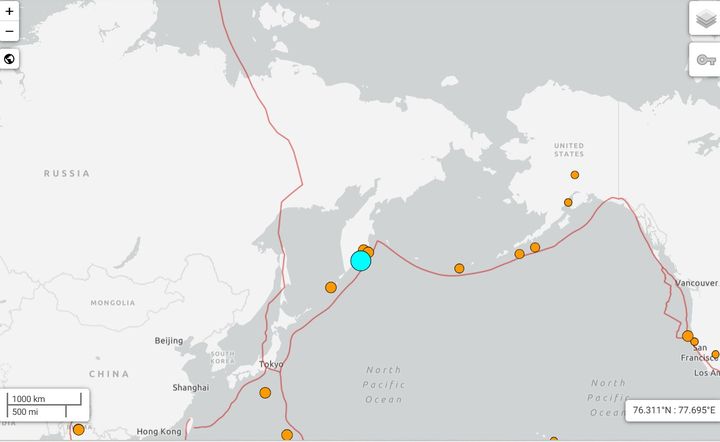 [서울=뉴시스] 미국 지질조사국(USGS)에 따르면 30일(현지 시간) 오전 11시 24분께 러시아 캄차카반도 동쪽 바다에 규모 8.7의 강진이 발생했다. 지진 발생 지점. <사진출처: USGS 사이트 캡쳐> 2025.07.30
