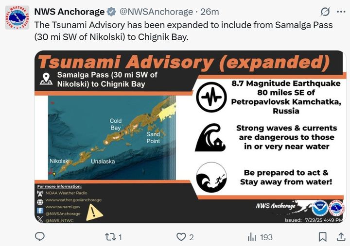 미국국립기상청(NWS) 앵커리지지부 쓰나미 주의보. (사진=NWS앵커리지 X 캡처) 2025.07.30. *재판매 및 DB 금지