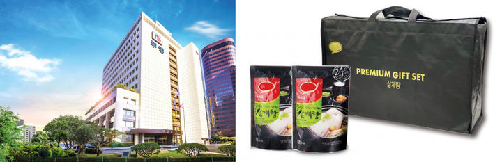 [서울=뉴시스] 부영그룹 사옥(왼쪽) 및 직원들에게 지급된 삼계탕 선물세트. 2025.07.30. (자료=부영그룹 제공) photo@newsis.com *재판매 및 DB 금지