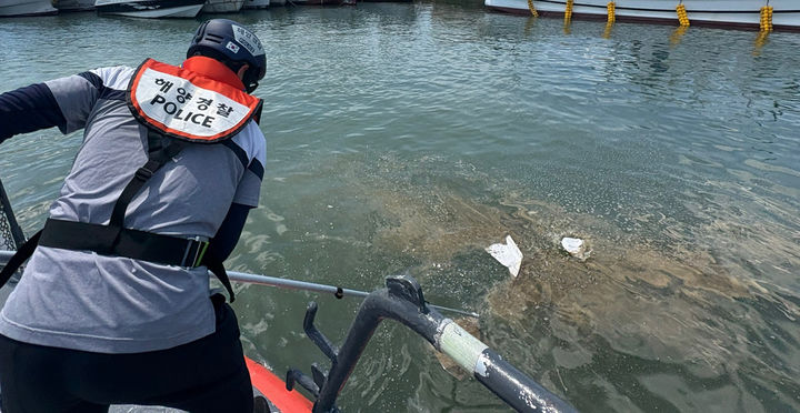 [목포=뉴시스] 지난 29일 오후 2시께 전남 목포시 북항에서 49t급 어획물운반선 선주가 폐수를 해상에 무단 배출했다는 신고를 받고 출동한 해경이 긴급 방제 작업을 벌이고 있다. (사진=목포해경 제공) 2025.07.30. photo@newsis.com *재판매 및 DB 금지