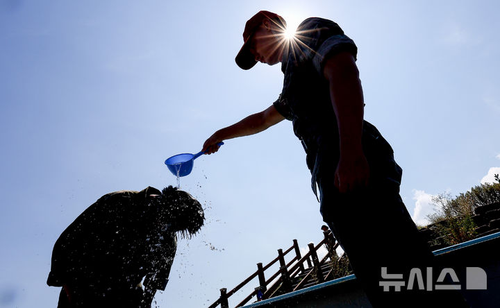 [포항=뉴시스] 이무열 기자 = 30일 경북 포항시 남구 해병대 훈련장에서 열린 2025 여름 해병대 캠프에 참여한 한 학생이 교관이 뿌리는 물을 맞으며 더위를 식히고 있다. 2025.07.30. lmy@newsis.com
