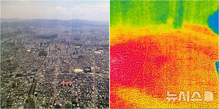 [서울=뉴시스] 조성우 기자 = 서울에 일주일째 폭염경보가 이어지는 30일 서울 송파구 롯데월드타워 스카이라운지에서 열화상 카메라로 바라본 서울 도심이 붉게 나타나고 있다.열화상 카메라로 촬영한 사진은 온도가 높을수록 붉은색, 낮을수록 푸른색을 나타낸다. 2025.07.30. xconfind@newsis.com
