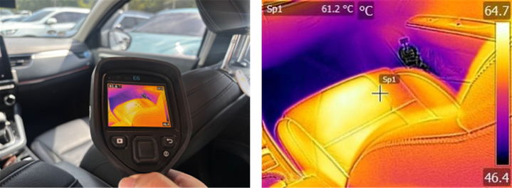 [원주=뉴시스] 여름철 야외 주차 차량의 내부 온도를 열화상카메라로 촬영한 모습. (사진=한국도로교통공단 제공) *재판매 및 DB 금지