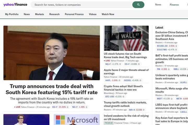 [서울=뉴시스] 미국의 경제 포털 '야후 파이낸스'(Yahoo Finance)가 한미 무역협상 타결 소식을 보도하면서 윤석열 전 대통령의 사진을 사용하는 해프닝이 벌어졌다. (사진=야후 파이낸스 갈무리) 2025.07.31 *재판매 및 DB 금지