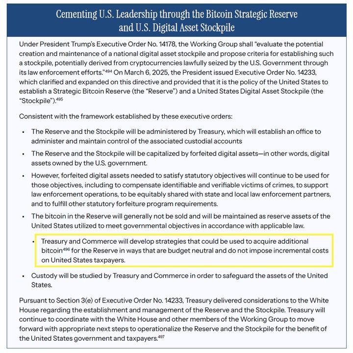[서울=뉴시스] 보고서 164페이지에서는 "재무부와 상무부 등이 '비트코인을 전략적 비축 자산으로서 추가로 확보할 수 있는 전략(strategies that could be used to acquire additional bitcoin for the Reserve)'을 마련할 것"이라고 명시했다. (사진=디지털 금융기술 미국 리더십 강화 보고서 캡처) 2025.07.31 *재판매 및 DB 금지