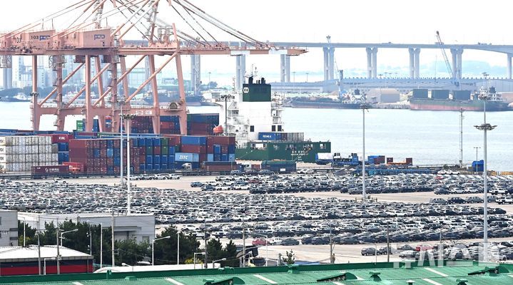 [평택=뉴시스] 김종택 기자 = 경기 평택시 포승읍 평택항 자동차 전용부두에 선적을 기다리는 수출용 차량이 세워져 있다. 2025.07.31. jtk@newsis.com
