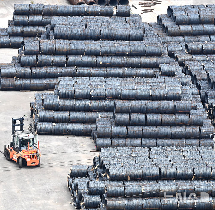 [평택=뉴시스] 김종택 기자 = 한미 관세협상이 타결된 지난 31일 경기 평택시 포승읍 평택항에 철강제품이 쌓여 있다. (사진은 기사와 직접 관련이 없습니다.) 2025.08.02. jtk@newsis.com