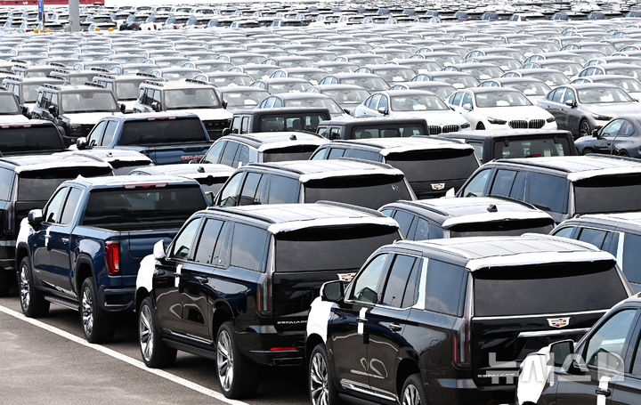 [평택=뉴시스] 김종택 기자 = 한미 관세협상이 타결된 31일 경기 평택시 포승읍 평택항 자동차 전용부두에 수입된 미국산 자동차가 세워져 있다. 2025.07.31. jtk@newsis.com