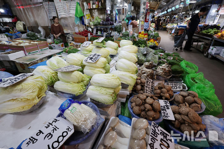 [서울=뉴시스] 이영환 기자 = 31일 오후 서울 동대문구 청량리종합시장에서 농산물이 판매되고 있다. 2025.07.31. 20hwan@newsis.com