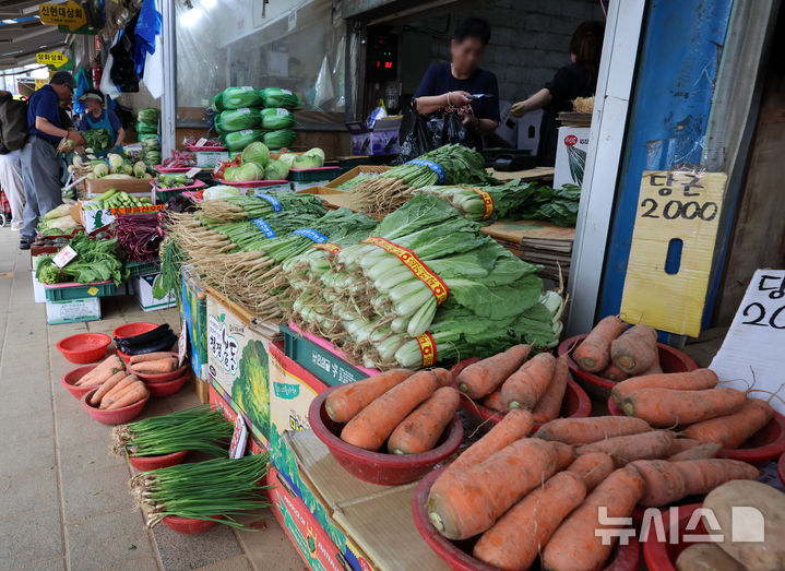 [서울=뉴시스] 이영환 기자 = 사진은 지난달 31일 오후 서울 동대문구 청량리종합시장에서 농산물이 판매되고 있는 모습. 2025.07.31. 20hwan@newsis.com