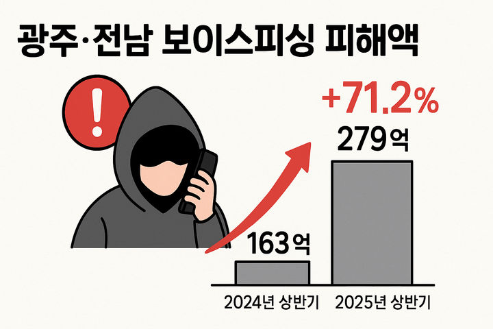 [광주=뉴시스] 광주·전남 지역 2024년 상반기~2025년 상반기 보이스피싱 범죄 피해액 증감율 그래픽. (그래픽=챗GPT) 2025.08.03 photo@newsis.com *재판매 및 DB 금지