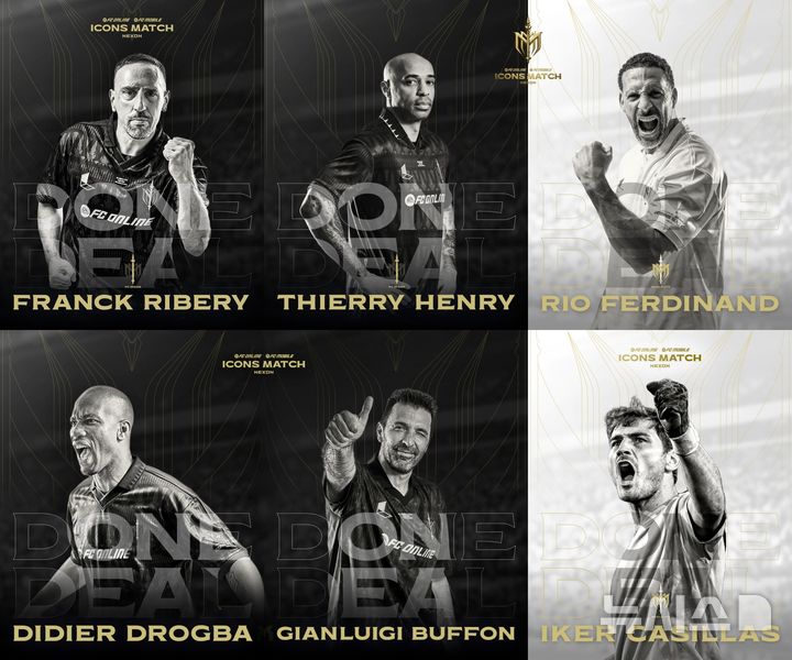 [서울=뉴시스] 2일 넥슨에 따르면 다음 달 13일부터 양일간 서울 월드컵경기장에서 '2025 아이콘 매치: 창의 귀환, 반격의 시작'이 열린다. (왼쪽 위부터 시계 방향으로) 프랑크 리베리, 티에리 앙리, 리오 퍼디난드, 이케르 카시야스, 잔루이지 부폰, 디디에 드로그바. 2025.08.02. (사진=넥슨 제공)