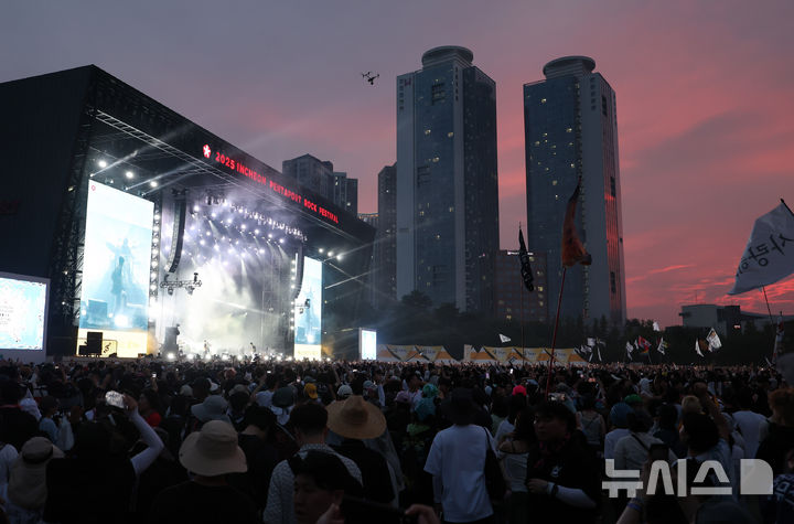 [인천=뉴시스] 전진환 기자 = 1일 오후 인천 연수구 송도달빛축제공원에서 열린 '2025 인천펜타포트 락 페스티벌'에서 관람객들이 장기하의 공연을 관람하고 있다. 2025.08.01. amin2@newsis.com